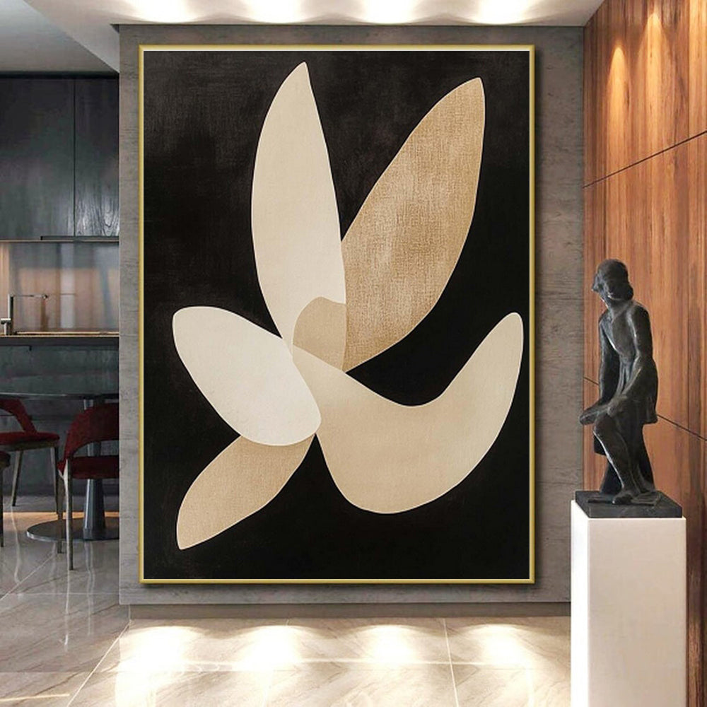 Hand Painted Art Beige and Black Abstract Floral Shapes, Modern Art Acrylic PT325