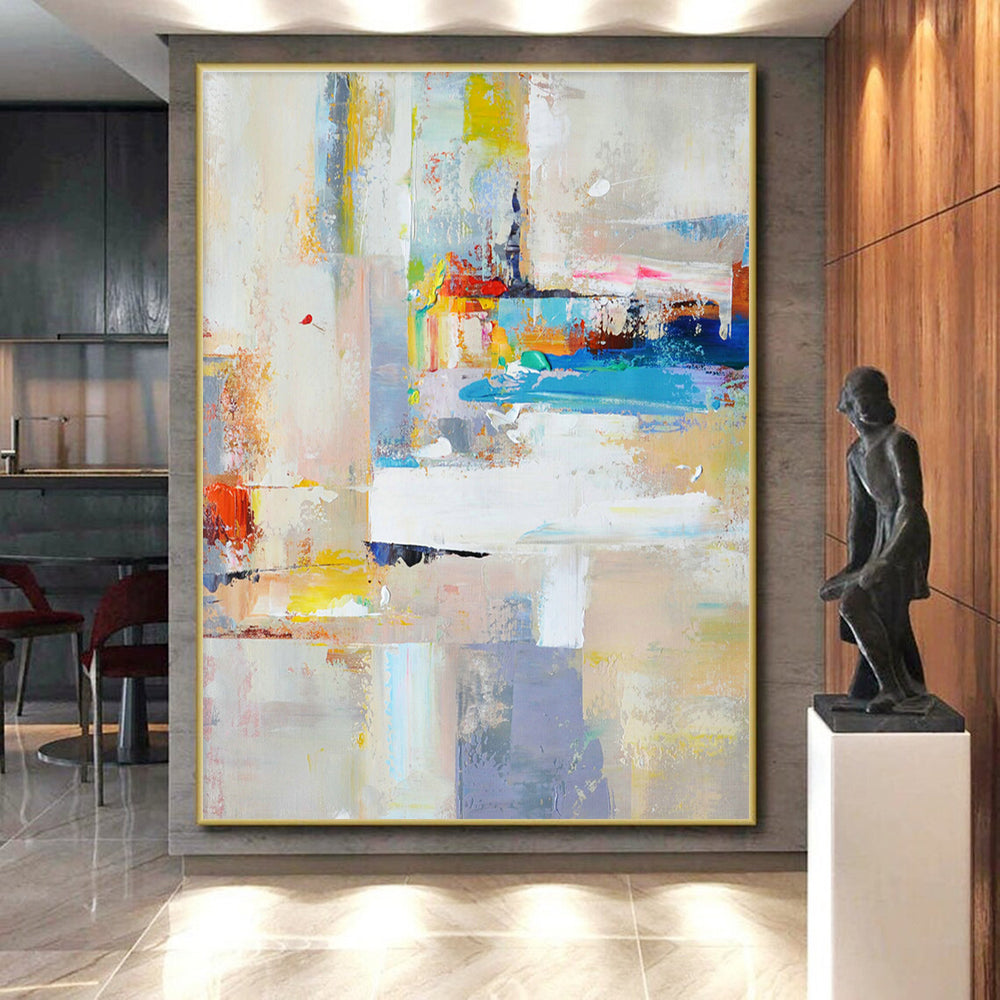 Acrylic Modern Art Paintings in Multicolor (Blue, Yellow, Red, White, Grey) Abstract Urban Compositions Painting On Canvas PT274