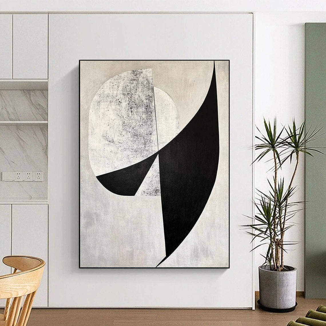 Custom Large Abstract Art For Living Room With Black, White, Gray Geometric Abstraction On Canvas PT189