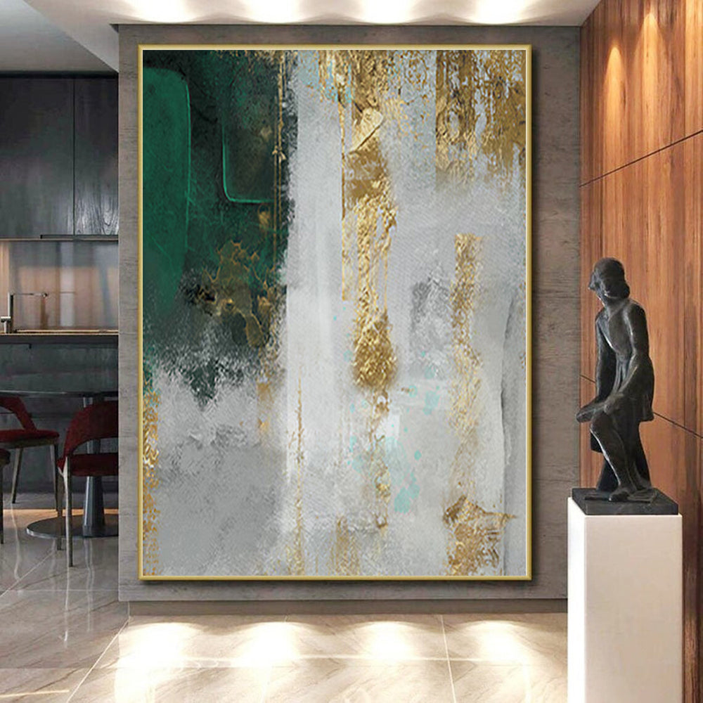 Unique Abstract Art Green, Gold & Gray Textured Abstract Painting On Canvas PT085