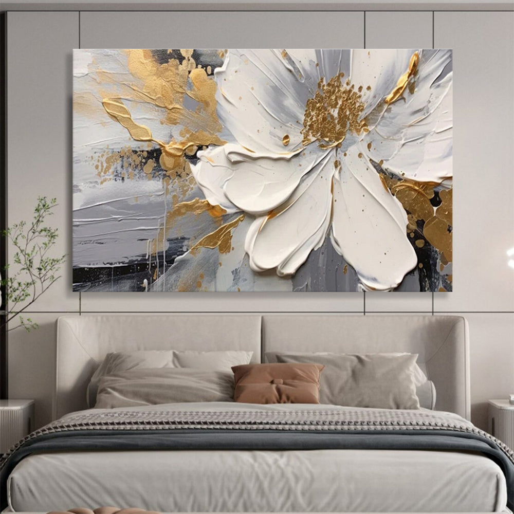 Large Size White, Gray, and Gold Textured Abstract Floral Art HPS394