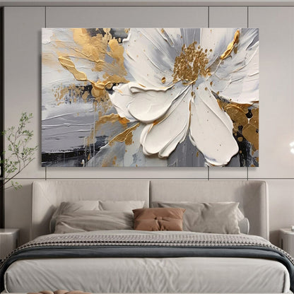 Large Size White, Gray, and Gold Textured Abstract Floral Art HPS394