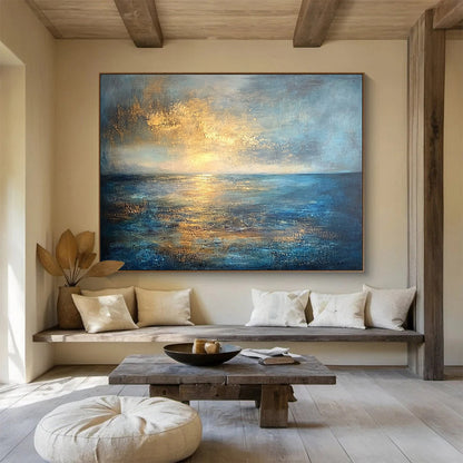 Modern Art Acrylic Blue, Gold & Gray Textured Coastal Abstract Painting HPS288