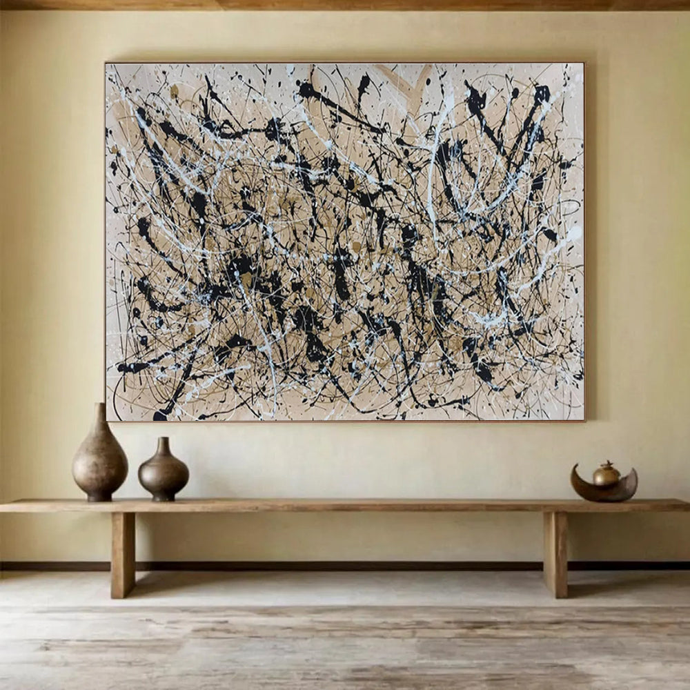 Large Size Black, White, and Beige Splatter Abstract Expressionist Art HPS364