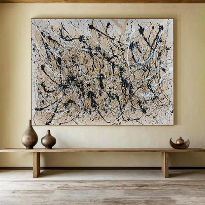 Large Size Black, White, and Beige Splatter Abstract Expressionist Art HPS364