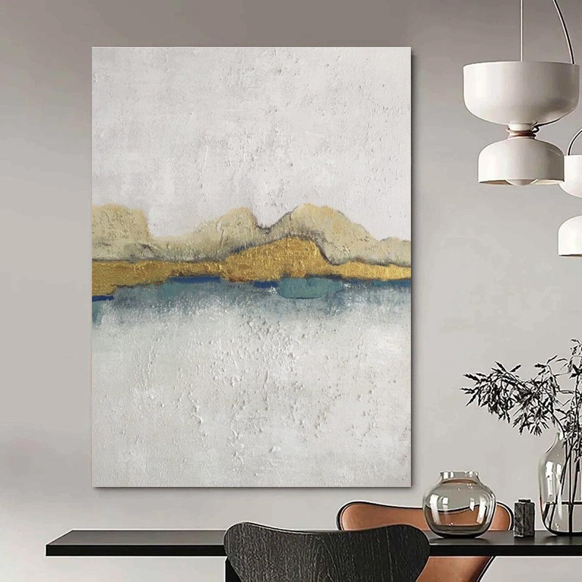 Huge Size White, Gold, and Blue Textured Abstract Landscape Art DPS468