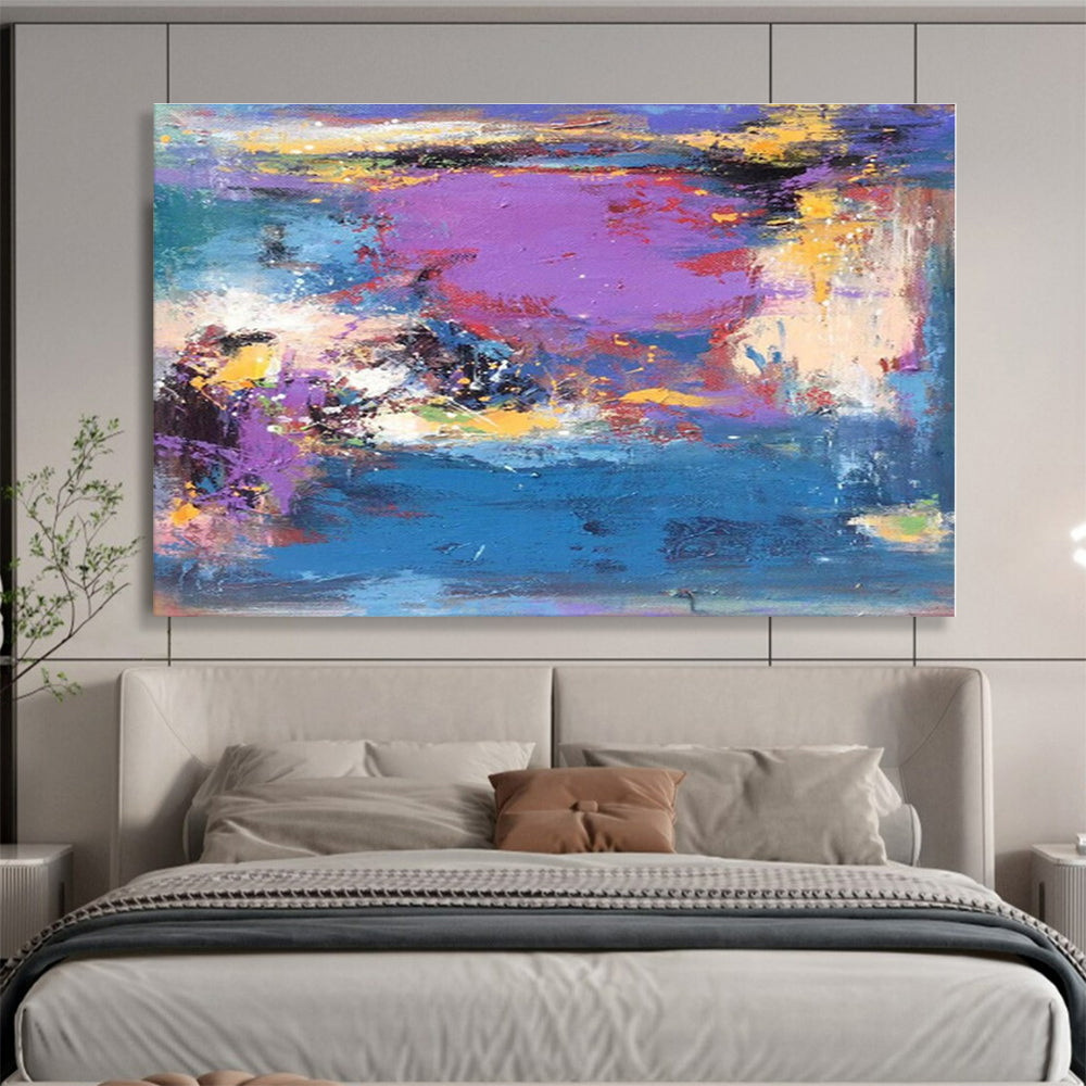 Hand Painted Art Purple, Blue & Yellow Abstract On Canvas HPS054