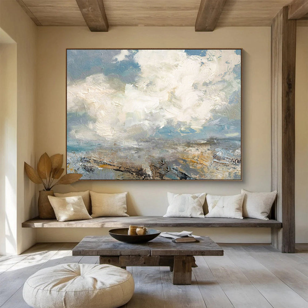 Large Painting In Living Room Gray, White, and Beige Abstract Seaside Art HPS385