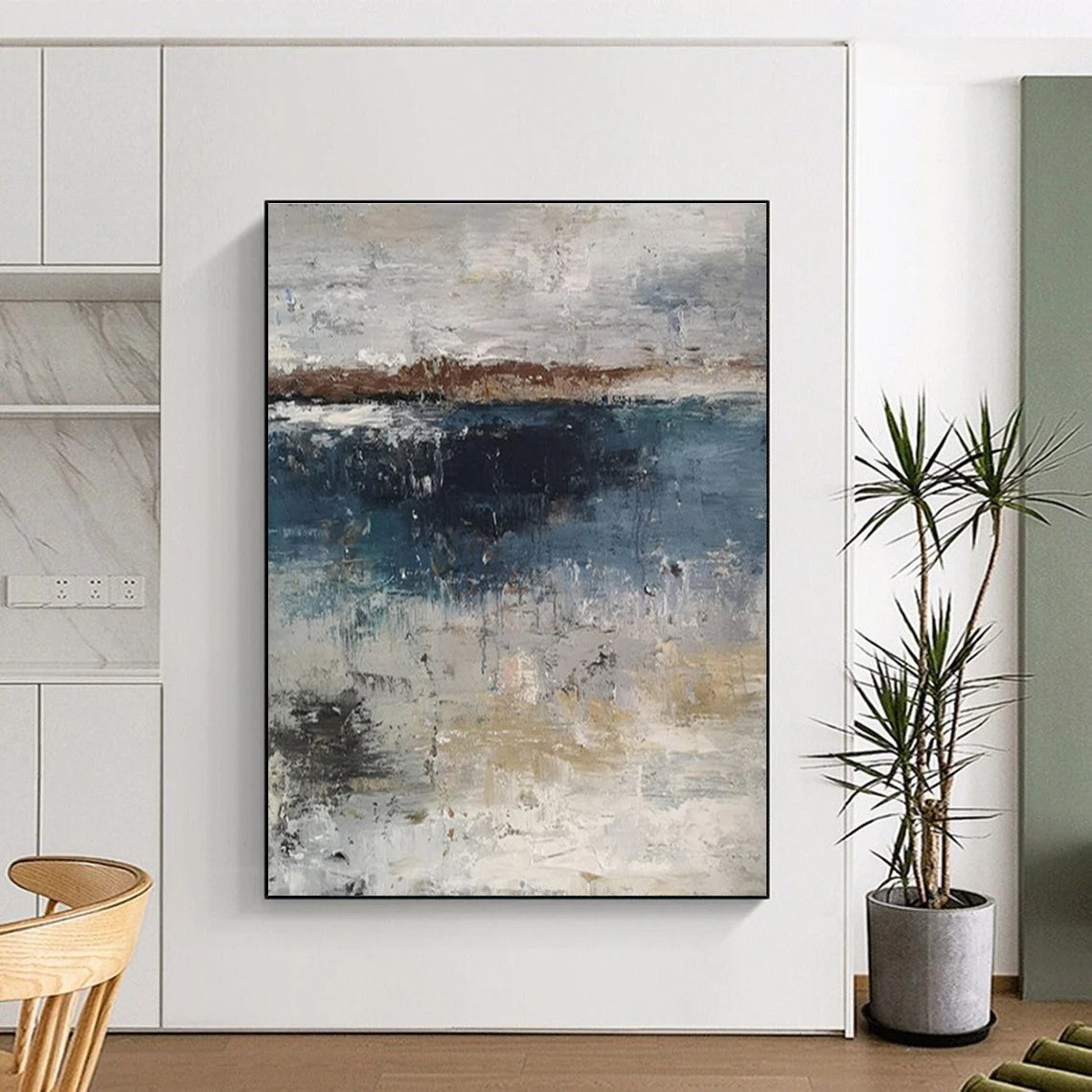 Large Painting In Living Room Gray, Blue & Beige Abstract Waterfront, Modern Art Acrylic DPS500
