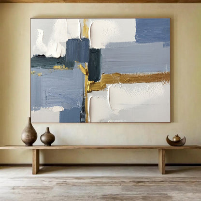 Large Size Blue, Gray, and Gold Textured Abstract Geometric Art HPS354