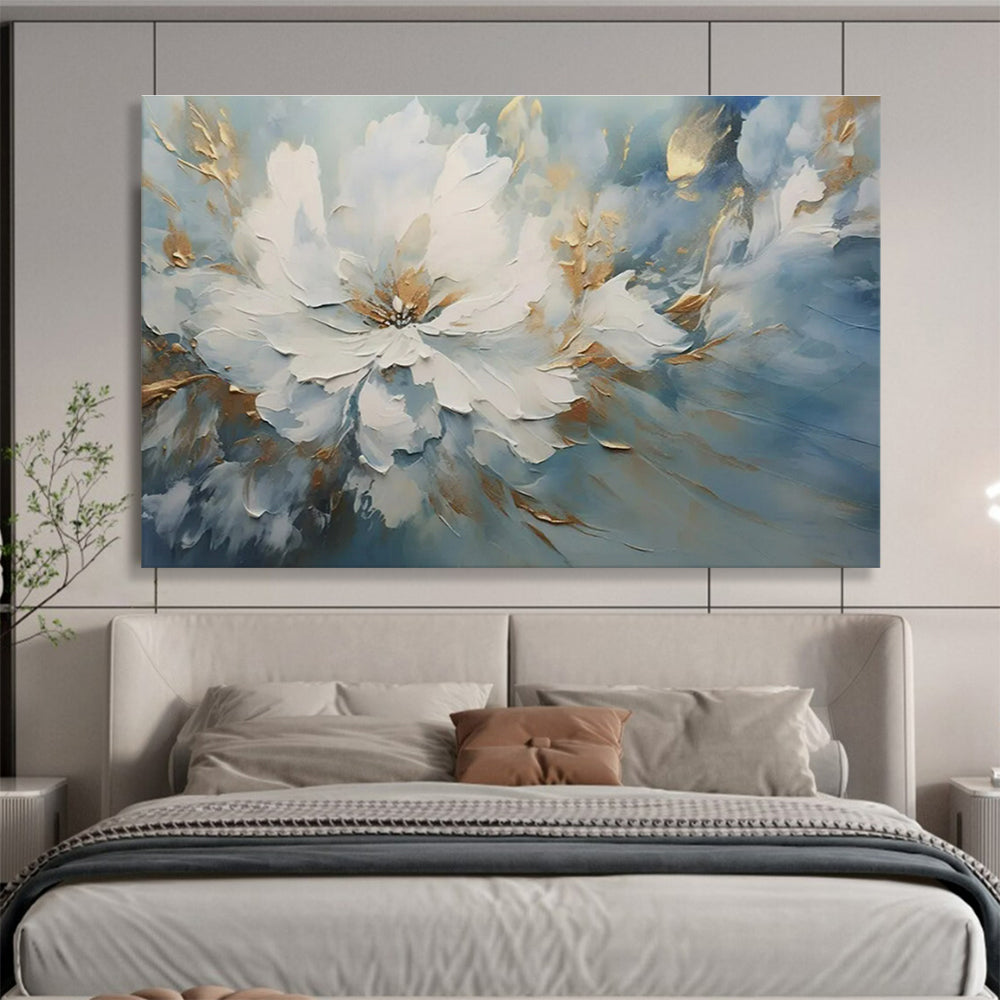 Oversized Abstract Wall Art Blue, White, and Gold Textured Abstract Floral Art HPS407