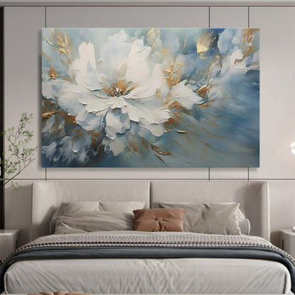 Oversized Abstract Wall Art Blue, White, and Gold Textured Abstract Floral Art HPS407
