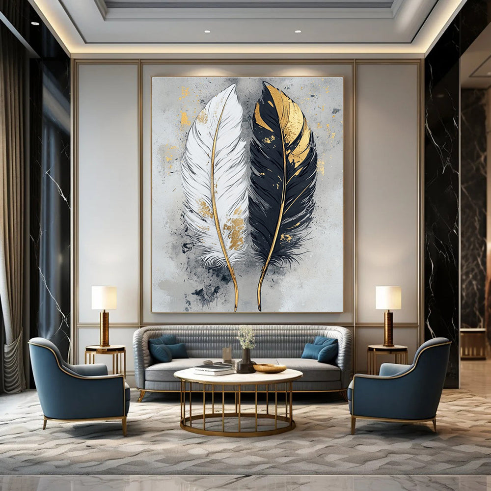 Hand-Painted Black, White & Gold Feather Abstract, Acrylic Modern Art Painting DPS499