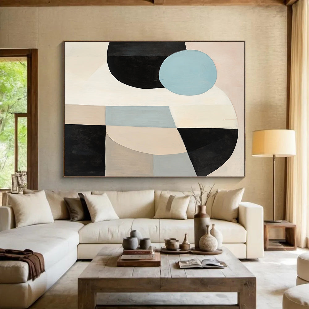 Modern Large Abstract Canvas Painting, Black White Blue Beige Abstract Geometric Art PT167