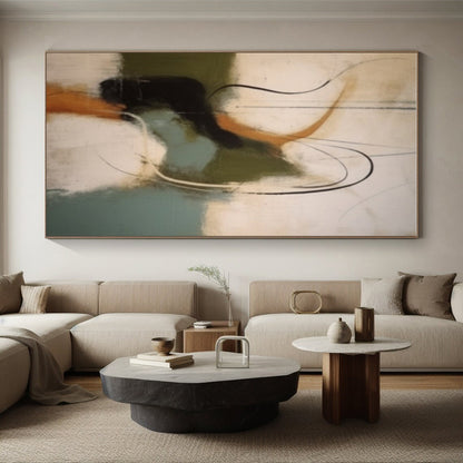 Modern Art Acrylic in Black, White, Brown, Green, and Teal Abstract Movement Shapes Painting PT267