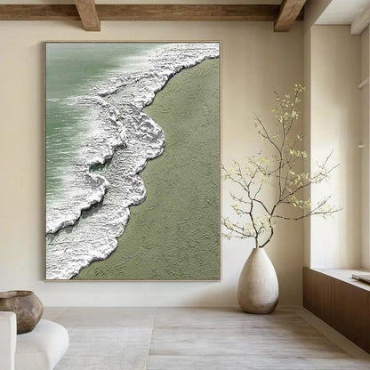 Oversized Abstract Wall Art Green and White Wave Coastal Abstract Painting DPS422