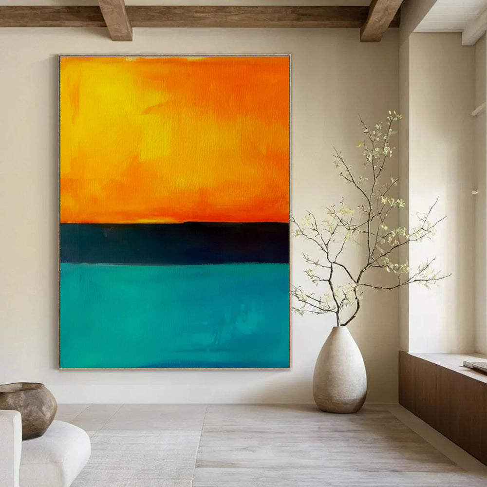 Oversized Abstract Orange, Black & Teal Sunset Scene, Cool Abstract Paintings DPS498