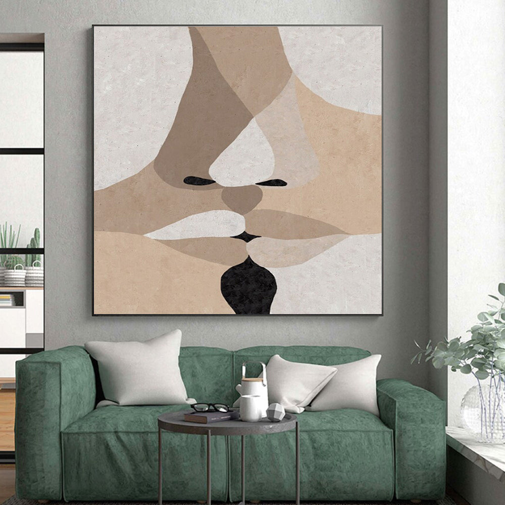 Handmade Art Beige, Black, and White Facial Abstract Art PT709