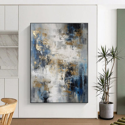 Oversized Abstract Wall Art Blue, Gold, and Gray Textured Abstract Art PT746