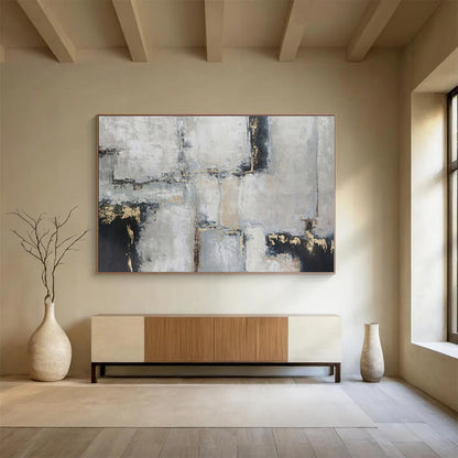 Large Size Gray, Gold & Black Geometric Abstract Painting On Canvas HPS089
