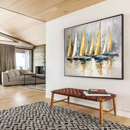 Huge Size Gold, White, and Gray Sailboat Fleet Abstract Nautical Art HPS323