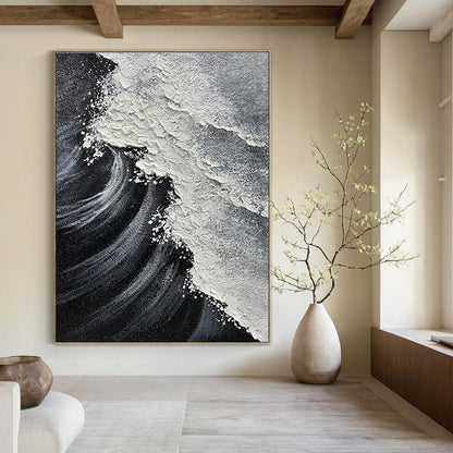 Hand-Painted Black & White Textured Wave Abstract, Acrylic Modern Art Painting DPS506