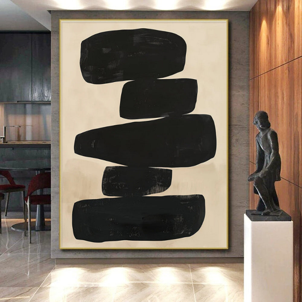 Unique Abstract Art Beige Black Stacked Shape Art PT375