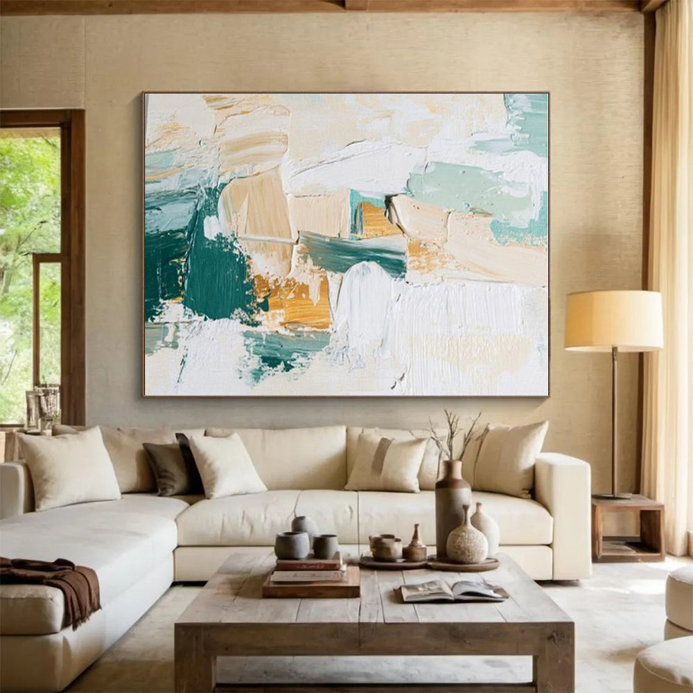 Acrylic Modern Art Paintings Green, Beige, and Gold Textured Abstract Art PT742