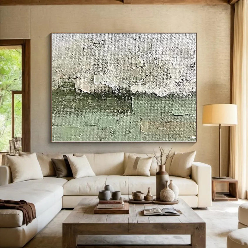 Acrylic Modern Art Paintings in White, Green, and Gray with Textured Details, Paintings For House PT010