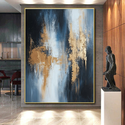 Unique Abstract Art Blue, Gold & Gray Textured Abstract Painting On Canvas PT115