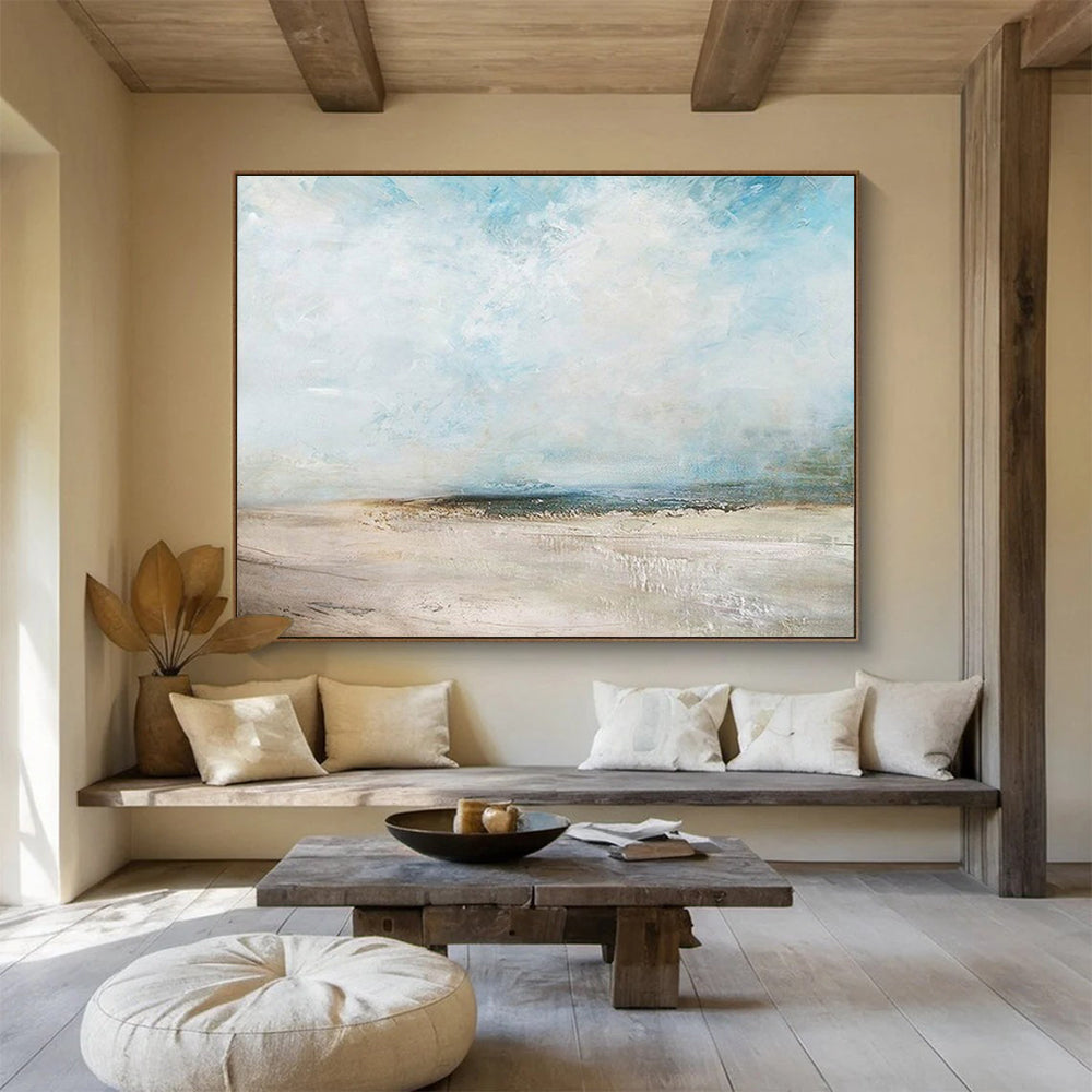 Oversized Abstract Wall Art Blue, Beige, and White Textured Abstract Seaside Art HPS387