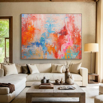 Big Painting in Red, Orange, Blue, and Pink Abstract Design, Modern Art Acrylic PT284
