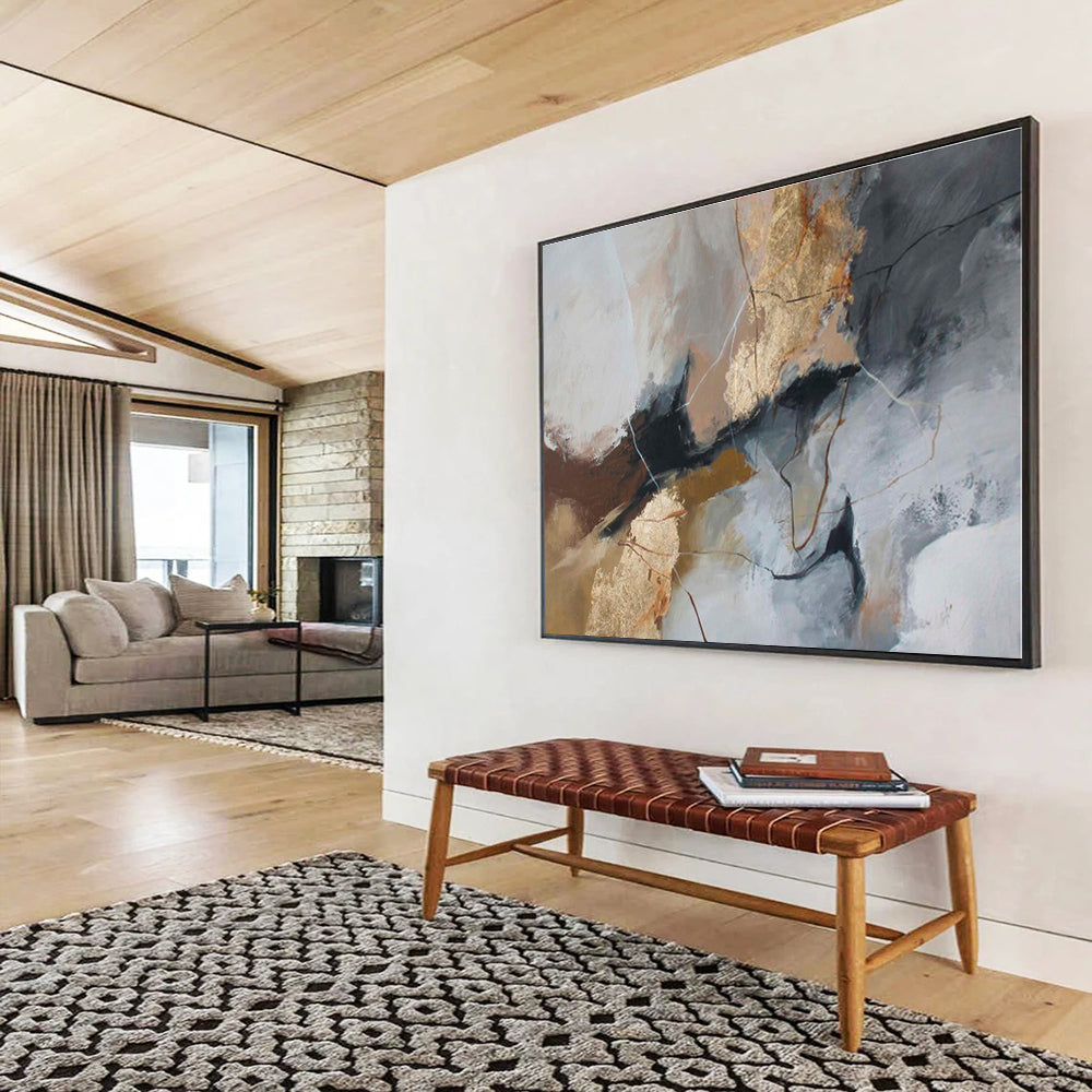 Large Size Gray, Gold & Black Textured Abstract On Canvas HPS046