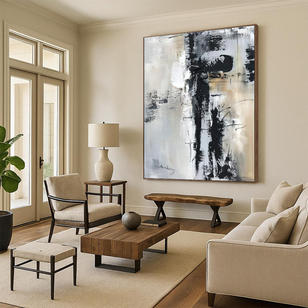 Large Contemporary Wall Art - Black, White & Beige Textured Abstract Art with Dynamic Lines PT587