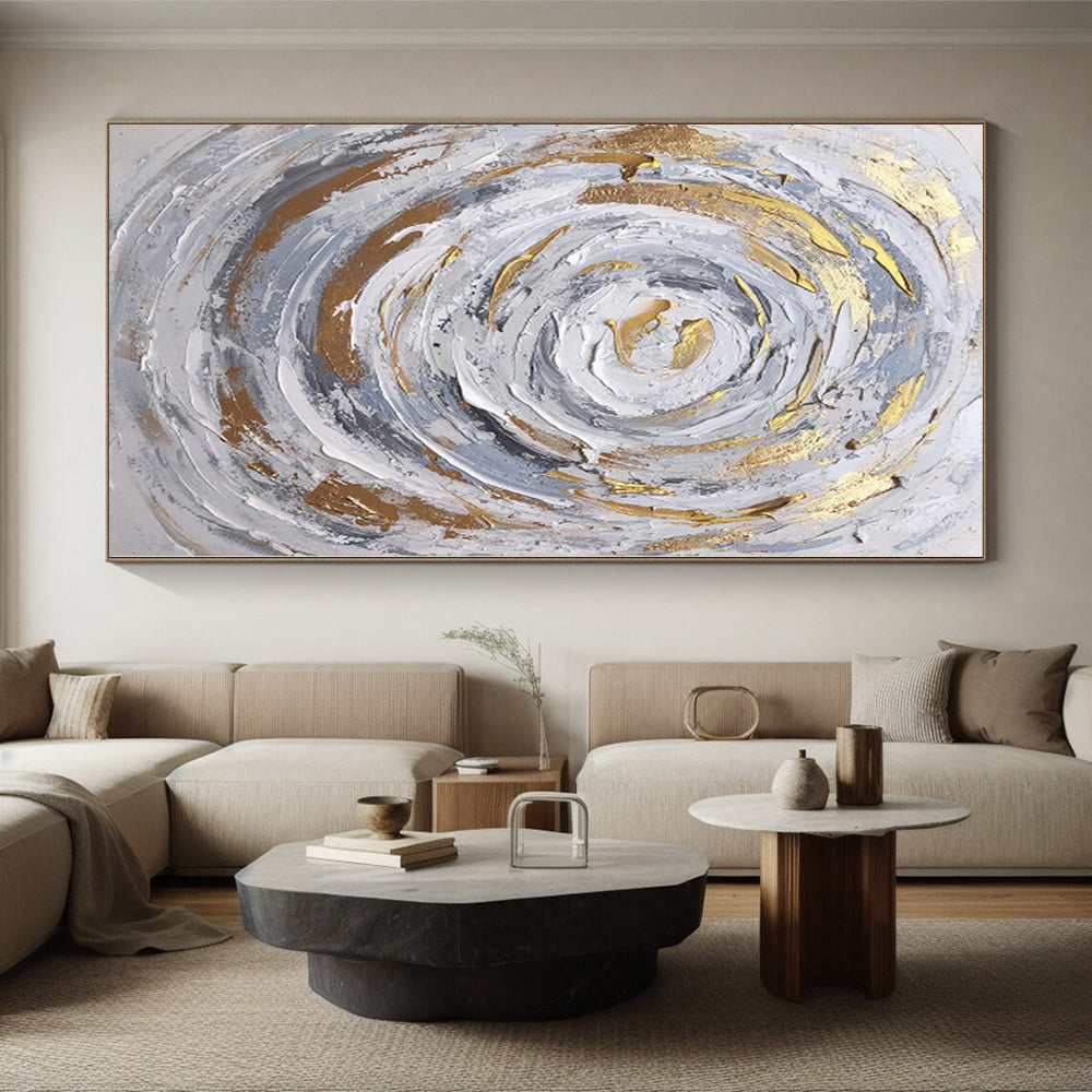 Oversized Abstract Wall Art Gray, White & Gold Textured Swirl Abstract Painting On Canvas PT058