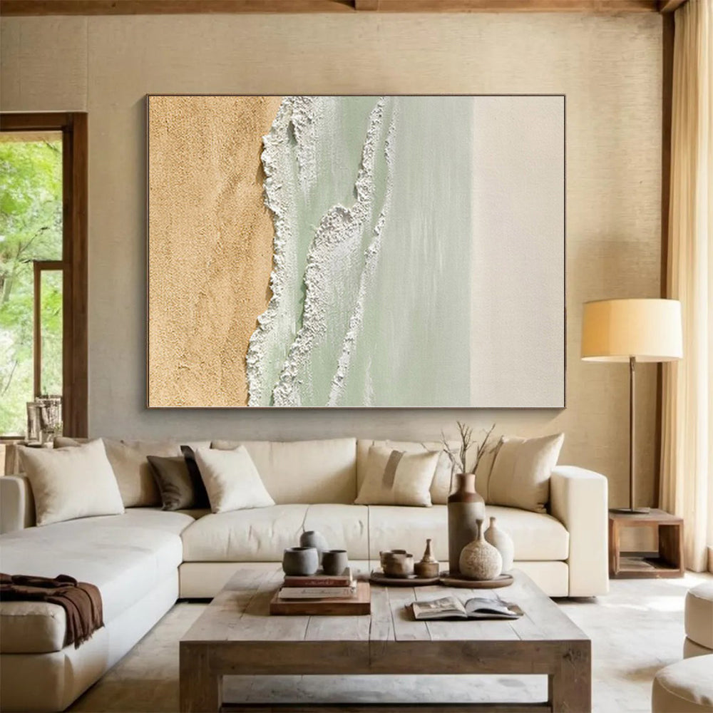 Unique Abstract Art Beige, Green & White Textured Seascape Abstract Painting On Canvas PT075