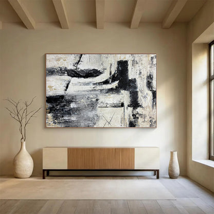 Huge Size Black, White, and Gray Textured Abstract Geometric Art HPS393