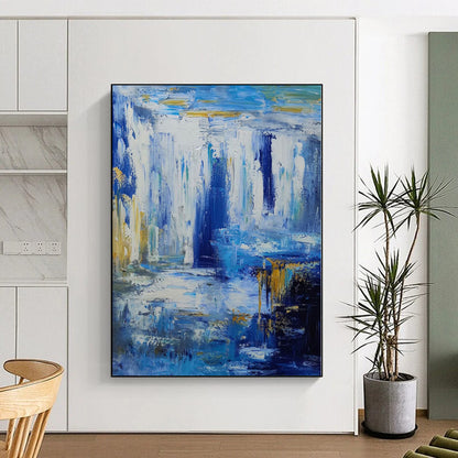 Unique Abstract Art Blue, White & Gold Textured Waterfall Abstract Painting On Canvas PT065