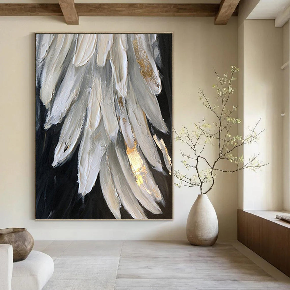 Large Size White, Gray, and Gold Textured Abstract Feather Art DPS469