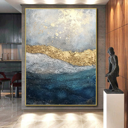 Original Large Abstract Paintings For Sale, Gold Blue Gray Abstract Textured Art PT172
