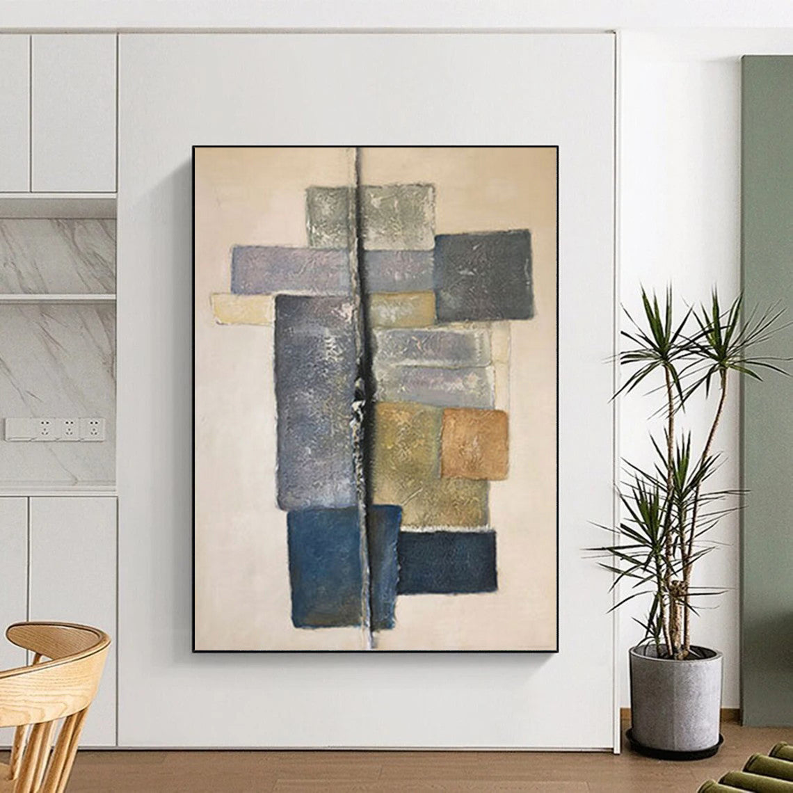 48x60 Modern Art Acrylic with Geometric Grey, Blue, and Beige Shapes PT018