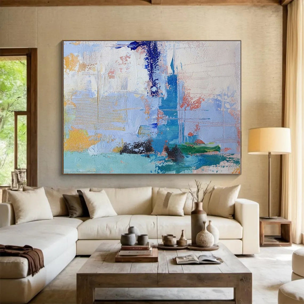 Oversized Abstract Wall Art Blue, Green, and Yellow Textured Abstract Art PT767