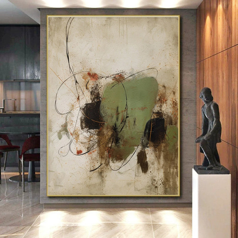 Large Contemporary Wall Art Green Brown Black Line Abstract Art PT500