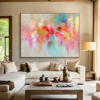 Gaint Canvas Art Colorful Abstract Floral with Gold Foil Modern Art Acrylic HPS302