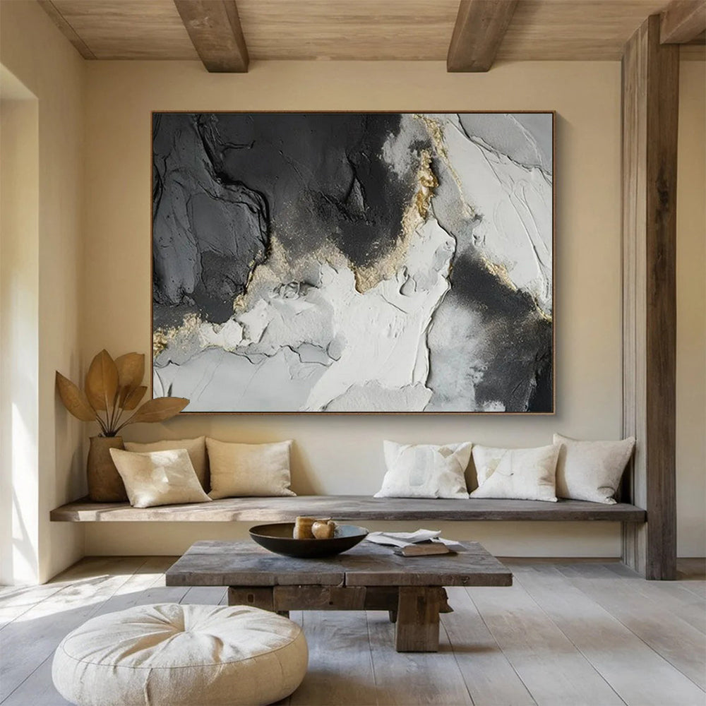 Hand-Painted Black, White, and Gold Textured Abstract Landscape Art HPS361