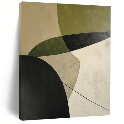 Affordable Large Abstract Wall Art With Green, Black, Beige Geometric Forms On Canvas PT188