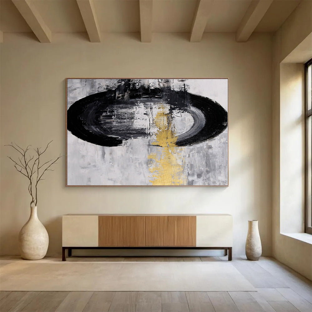 Unique Abstract Art Black, White & Gold Circular Abstract On Canvas HPS013
