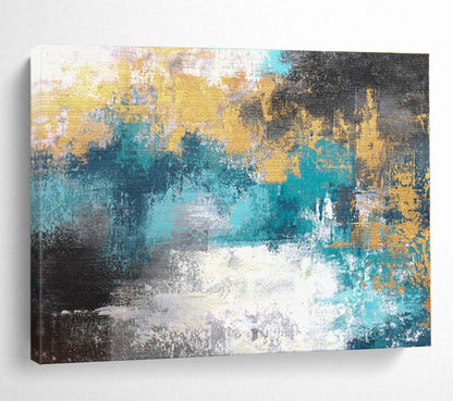 Large Size Teal & Gold Abstract Modern Art Acrylic On Canvas HPS004