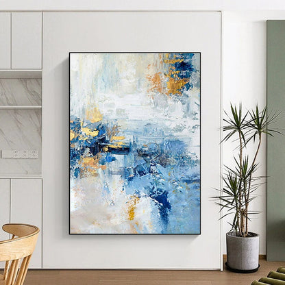Cool Abstract Paintings Blue and Gold Abstract Textured Composition, Large Painting In Living Room PT538