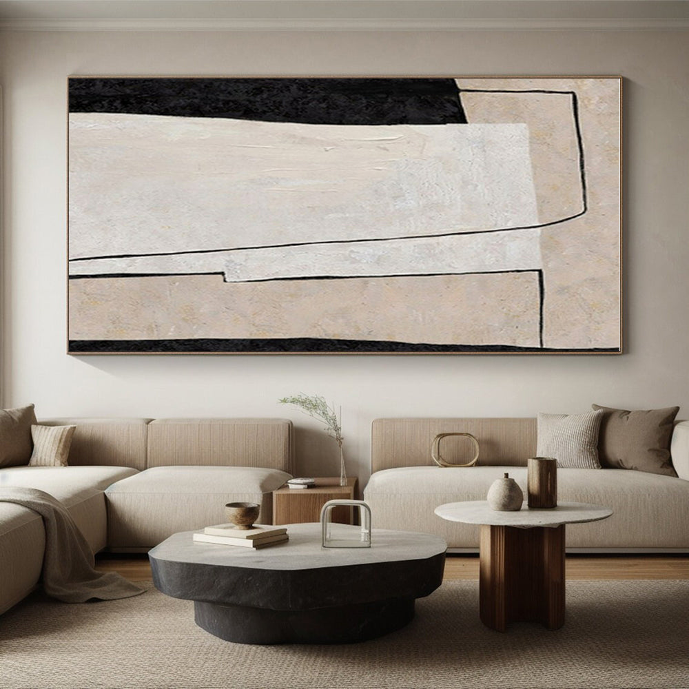 Hand Painting Beige, Black, and White Geometric Abstract Art PT698